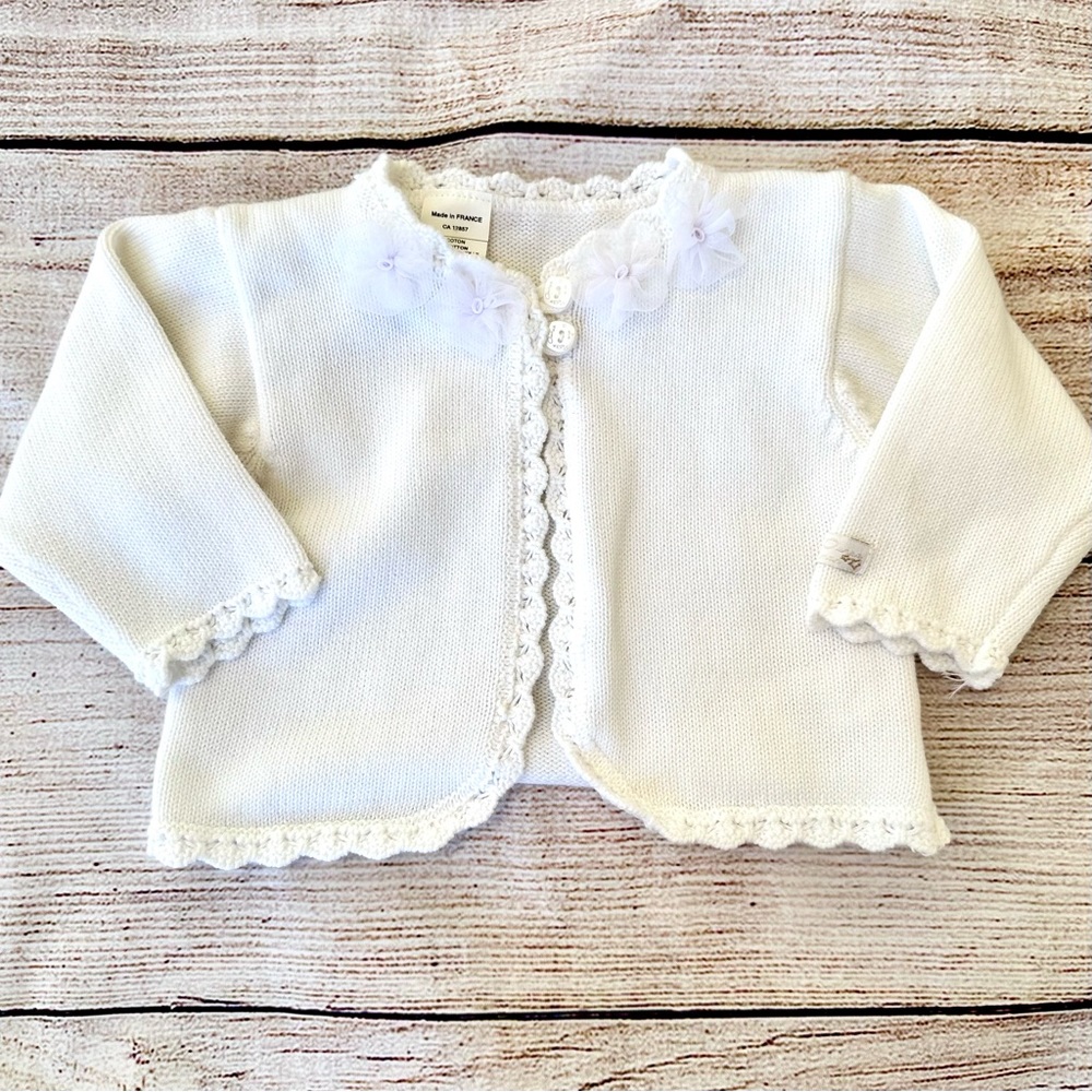 La Petite Ourse White Cardigan Sweater with Flowers Girl’s 6M